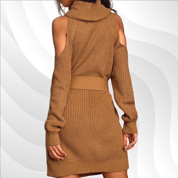 2/$30 Lulus Sweet Demeanor Camel Turtleneck Cold-Shoulder Sweater Dress Size S - Picture 2 of 8